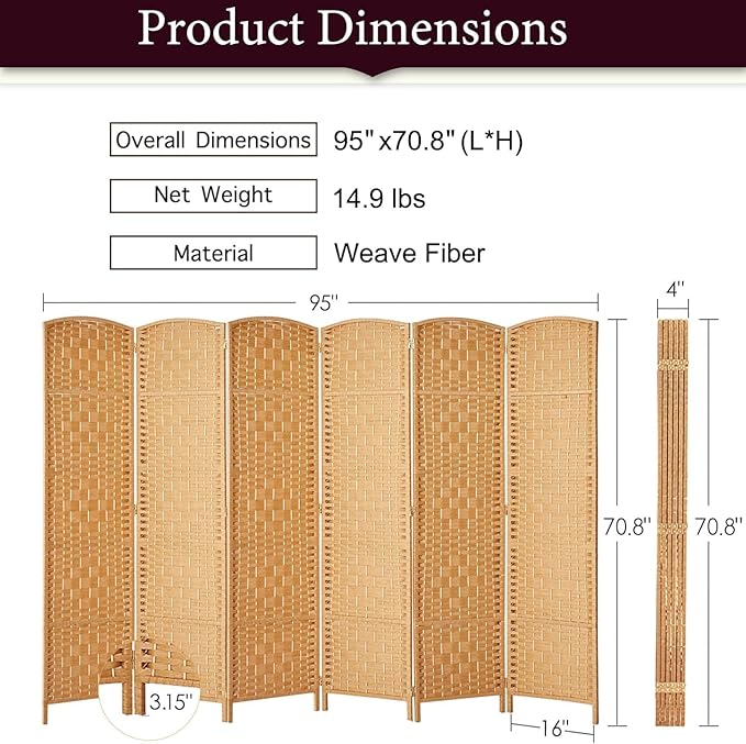 Rose Home Fashion 6 ft Tall Room Divider, Room Dividers and Folding Privacy Screens, 15.7in Privacy Screen 6 Panel Partition Temporary Wall Separation for Private, Light Beige