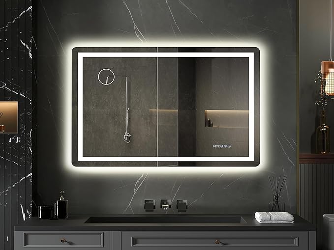 YITAHOME 48 x 32 Inches LED Bathroom Mirror, Front Light and Backlit, Motion Sensor, 10X Magnifying Glass, 3 Colors Dimmable, 5mm Tempered Glass, Anti-Fog, Wall Mounted Mirror-Horizontally Only
