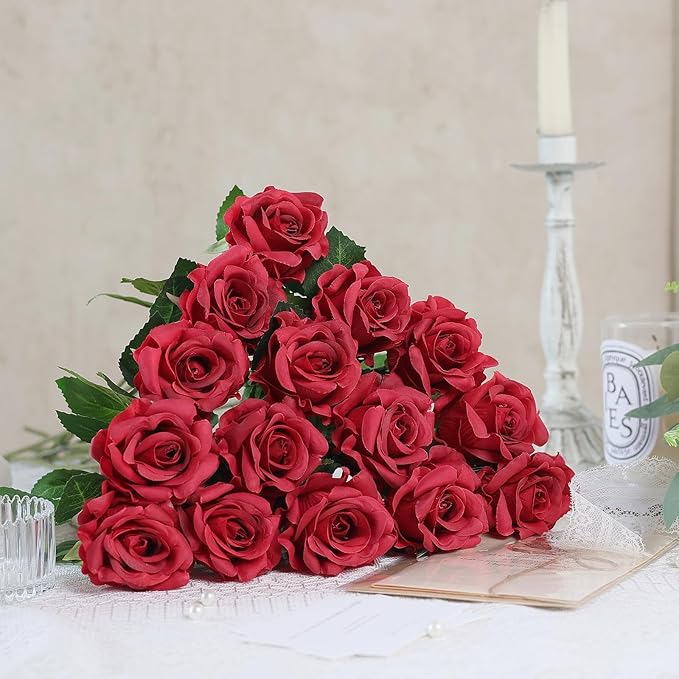 FOTEEWL 60 Pcs Artificial Rose Flower Realistic Faux Silk Roses Stem Fake Roses Bouquet for Flower Arrangement,Wedding Centerpieces,Party,Home Decorations (Burgundy)