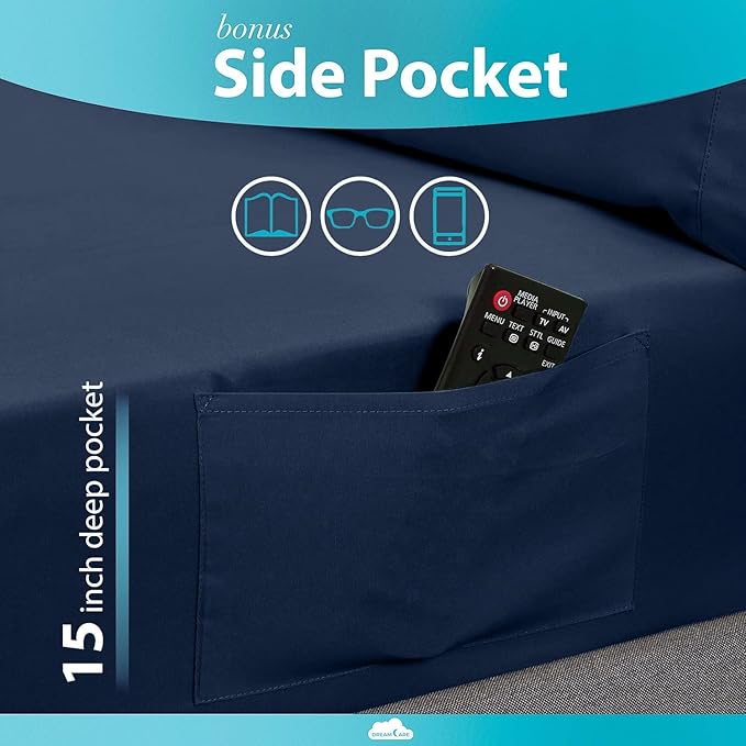 DREAMCARE Twin Sheets - Cooling Bed Sheets - 4pcs Set - up to 15" Deep Pocket Twin Bed Sheets - Twin Sheet Set - Twin Soft & Lasting 100% Fine Brushed Polyester with Side Pocket - N.Blue