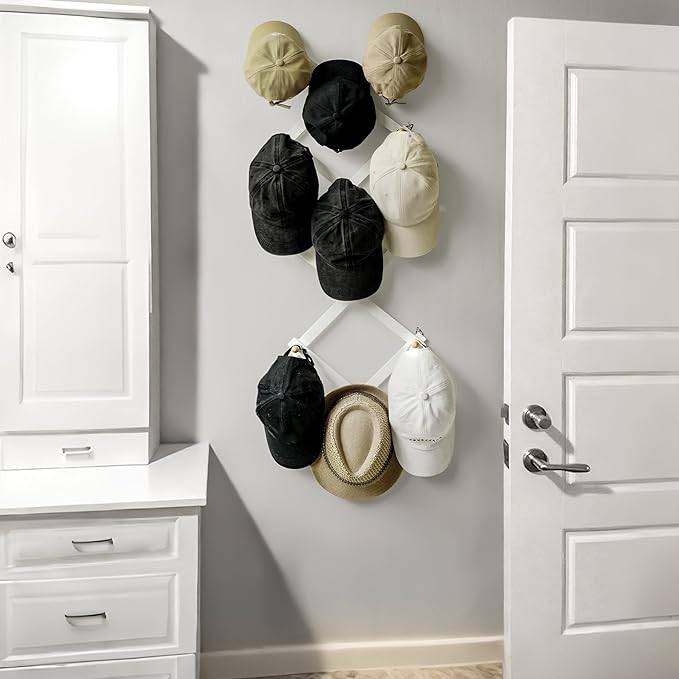 SKOLOO Hat Rack for Wall with 14 Hooks, Solid Wooden, Modern, Expandable Coat Rack Wall Mount for Coats, Hats, Bags, Baseball Caps, Natural on White