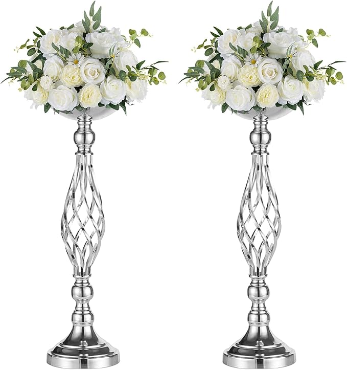 Set of 2 Versatile Silver Flower Arrangement Stand & Pillar Candle Holder Set for Wedding Party Dinner Centerpiece Event Restaurant Hotel Decoration (Silver, 2 x M)