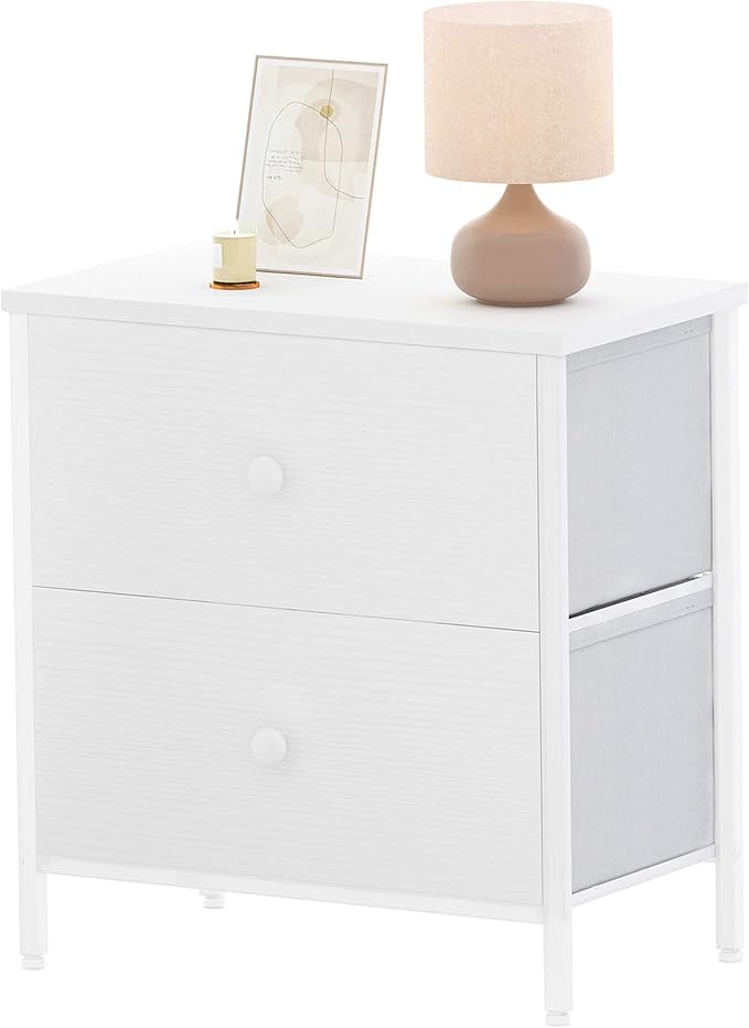 BOLUO White Nightstand with Drawer Dresser for Bedroom Nightstands,Night Stand and Dressers Sets End Table with 2 Fabric Drawers Organizer Modern