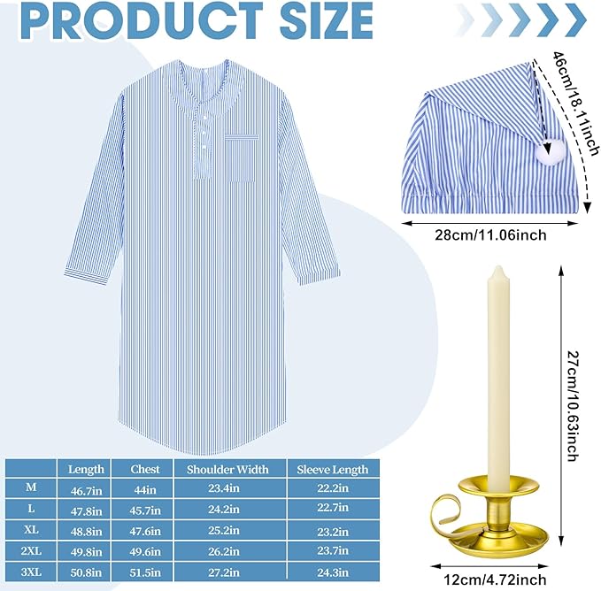 Toulite 4 Pcs Men's Pajama Set Includes Men's Nightshirt Night Sleeping Cap Candle Holder and Candle for Halloween Christmas(Medium)