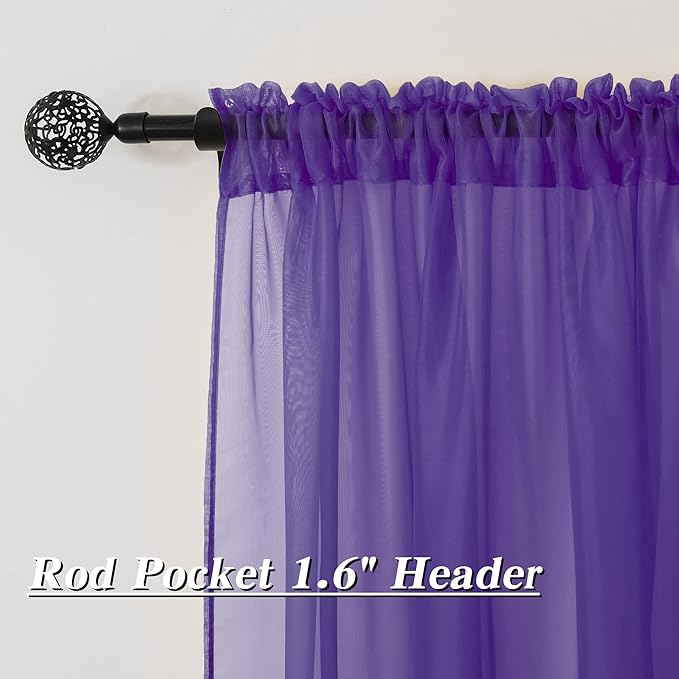 HUTO Purple Sheer Curtains 54 inches Long for Bedroom Top Rod Pocket Sheer Window Panels Curtains for Nursery Living Room 52 by 54 Inch Length Set of 2