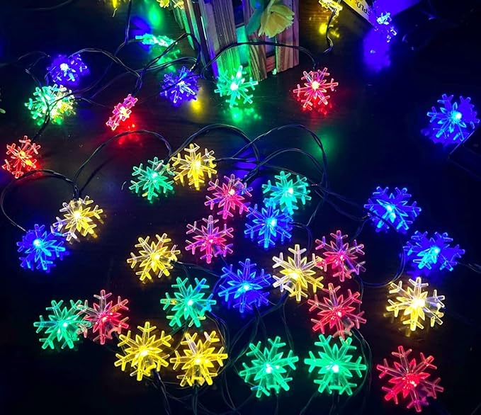 Solar Christmas String Lights Outdoor Waterproof 36ft 60 LED 8 Modes Solar Fairy Snowflake Powered String Lights for Garden Patio Yard Home Christmas Tree Parties(Snowflake-Multicolor-60LED)