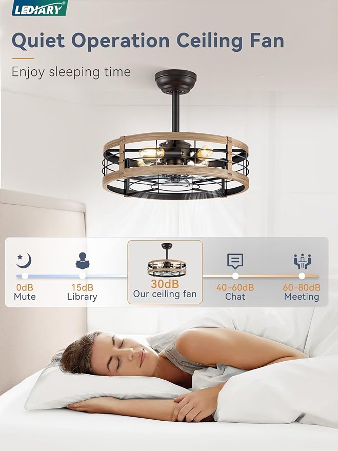 LEDIARY 20 Inch Fandelier Caged Ceiling Fan with Light, Bladeless Ceiling Fan with Remote, Small Farmhouse Fan Lights Ceiling Fixtures for Kitchen, Bedroom-Brown