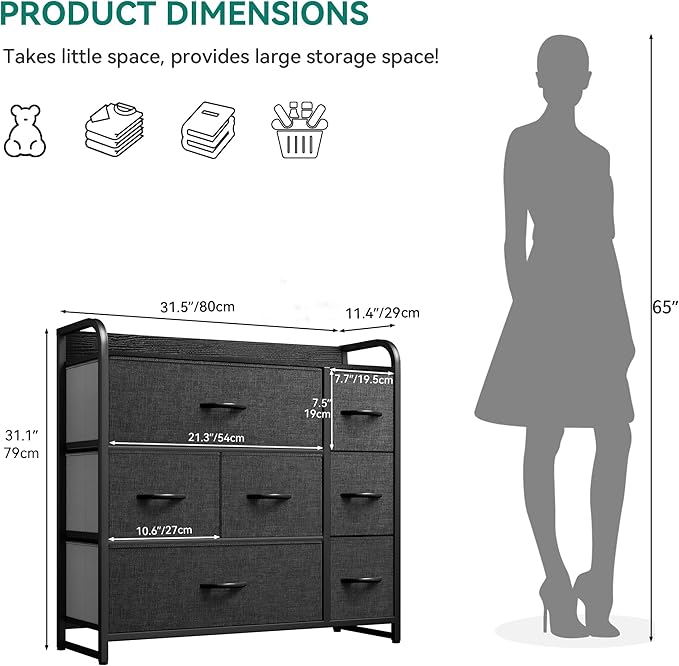 YITAHOME Fabric Dresser with 7 Drawers - Storage Tower with Large Capacity, Organizer Unit for Living Room - Sturdy Steel Frame, Easy Pull Fabric Bins & Wooden Top (Black/Grey)