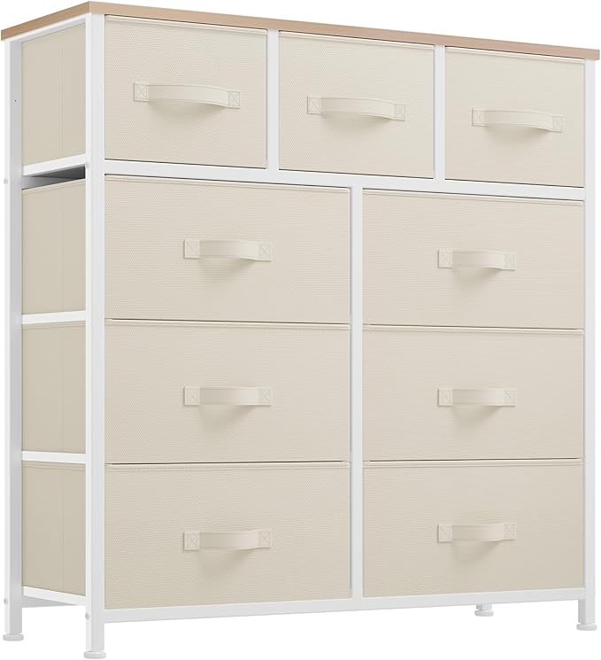YITAHOME Dresser with 9 Drawers - Fabric Storage Tower, Organizer Unit for Living Room, Hallway, Closets - Sturdy Steel Frame, Wooden Top & Easy Pull Fabric Bins (Cream White)