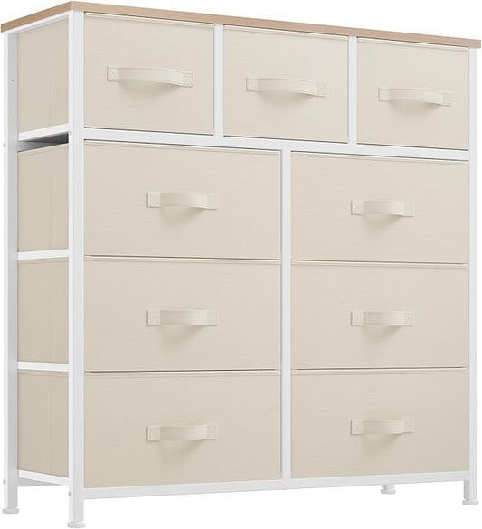 YITAHOME Dresser with 9 Drawers - Fabric Storage Tower, Organizer Unit for Living Room, Hallway, Closets - Sturdy Steel Frame, Wooden Top & Easy Pull Fabric Bins (Cream White)