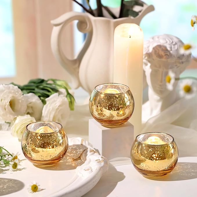 12pcs Gold Round Votive Candle Holders,Glass Gold Mercury Glass Votive Candle Holders Round Tealight for Christmas Decoration, Table Centerpieces, Weddings, Shower Gift
