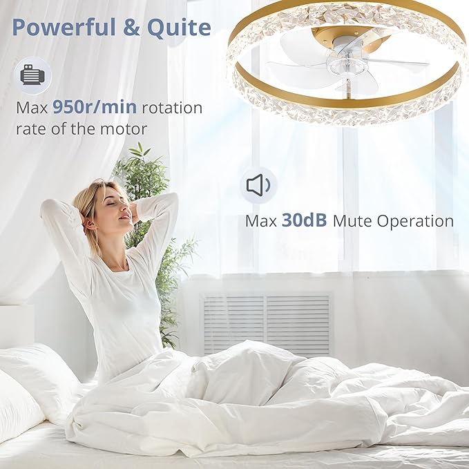 LEDIARY 20" Modern Ceiling Fans with Lights and Remote, Dimmable Low Profile Ceiling Fan, Flush Mount Fan, Stepless Color Temperature Change and 6 Speeds - Gold