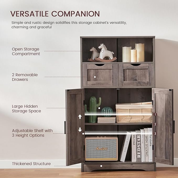 Iwell Storage Cabinet with Adjustable Shelf, Bathroom Cabinet with Doors, Cupboard, Kitchen Pantry Cabinet, Floor Cabinet for Living Room, Home Office, Dark Gray