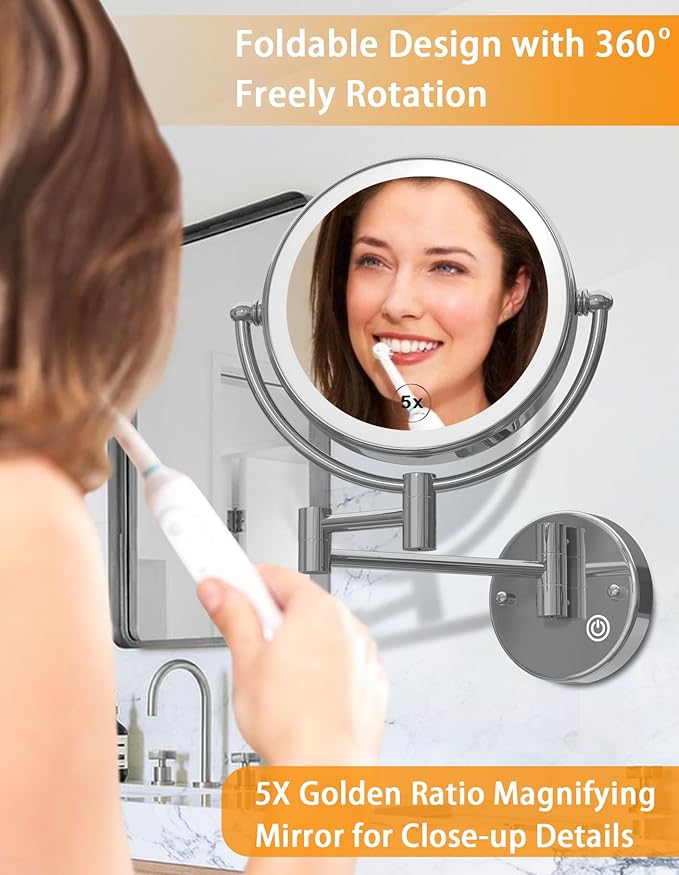 Wall Mounted Makeup Mirror with Lights Hardwired, 1/5X Magnifying Double Sided Touch Dimming, 360 Rotation Extension Arm Shaving Light up Mirror for Bathroom, Chrome