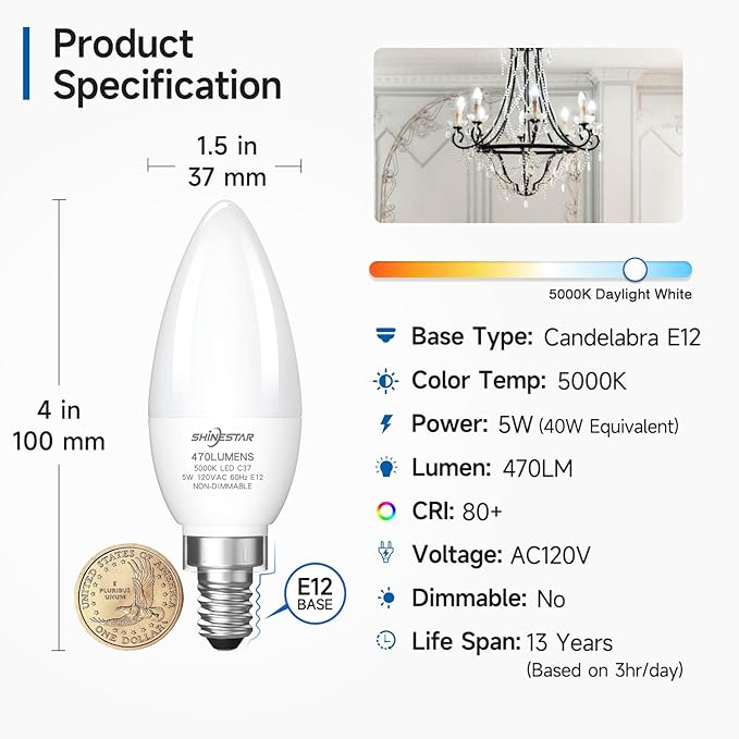 SHINESTAR E12 LED Candelabra Light Bulbs 40 Watt Equivalent, 5000K Daylight White 470 Lumen Chandelier Bulb, 6W B11 Candle Small Base Ceiling Fan Light Bulbs, Non-Dimmable, Pack of 6