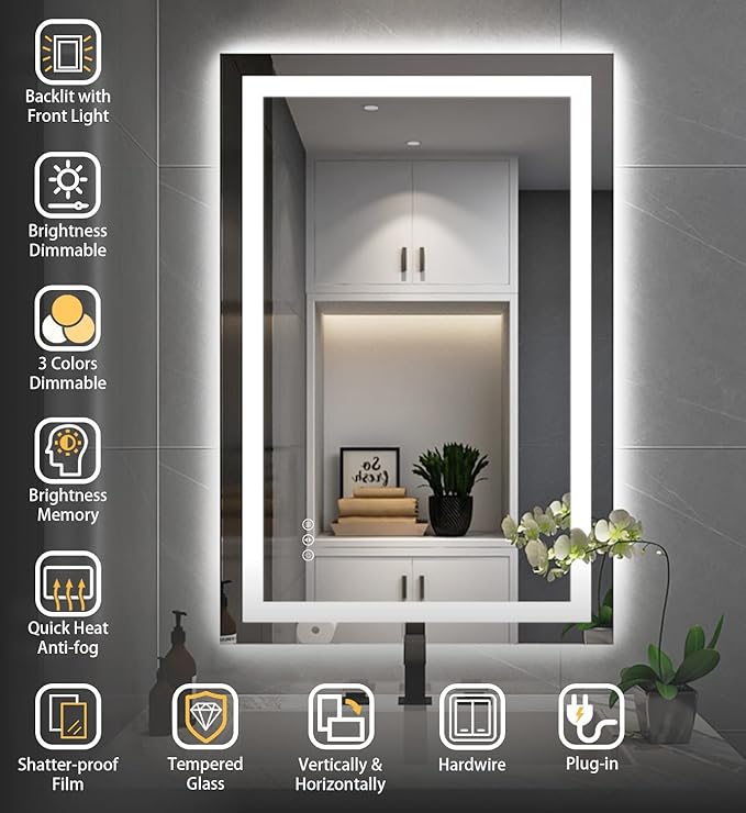 24''x36'' LED Bathroom Mirror with Front + Backlit, Tempered Glass Bathroom Mirror with Lights, Anti-Fog, 3 Colors with Stepless Dimmable Memory Bathroom Vanity Mirror for Wall, Shatterproof
