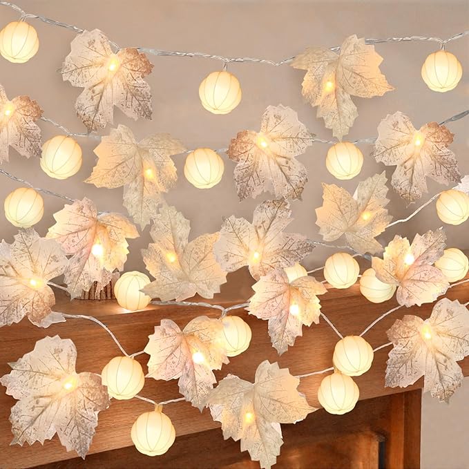 Thanksgiving Decorations-3 Pack 60LED Pumpkin Lights Fall Garland with 3D Pumpkin Enlarged Maples Leaf Battery Operated Pumpkin Thanksgiving Decor Autumn Fall Decor for Home Indoor Outdoor Holiday