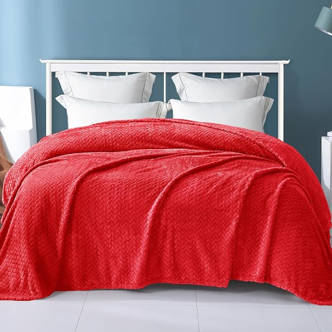 Exclusivo Mezcla Fleece Queen Size Blanket for Bed, 90x90 Inches Soft Cozy Jacquard Flannel Blankets, Lightweight Fuzzy Plush Warm for Winter, Red