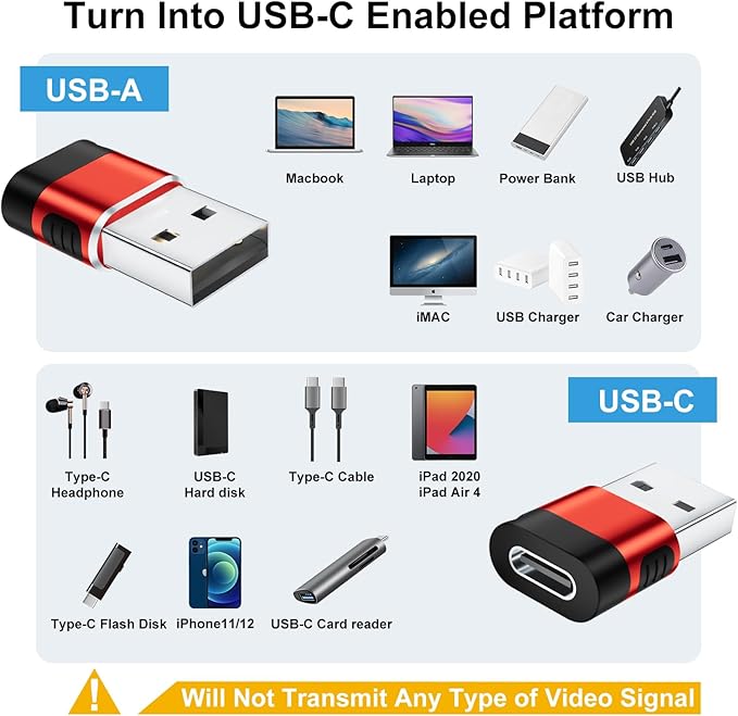 USB to USB C Adapter 6 Pack,USB Type C Adapter,USB A to C Adaptor,USBC Female USBA Male Converter for iPhone 16 15 14 13,MacBook,iPad,Car Play,Charger,Red