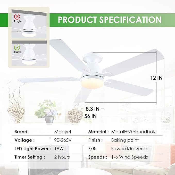 Ceiling Fans with Lights, 56" Flush Mount Ceiling Fan with Light and Remote/APP Control, Low Profile, Modern Ceiling Fan Reversible, Dimmable, Noiseless, White for Bedroom