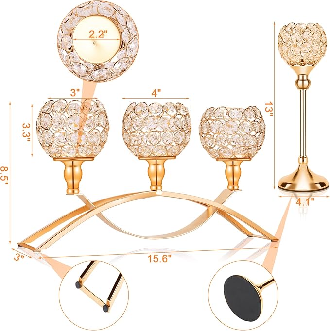Gold Crystal Candle Holders Decorative Candelabra 3 Arms Candlesticks Holder Table Centerpiece Center Pieces Decoration for Dining Table Home Decor, Wedding, Party, Anniversary