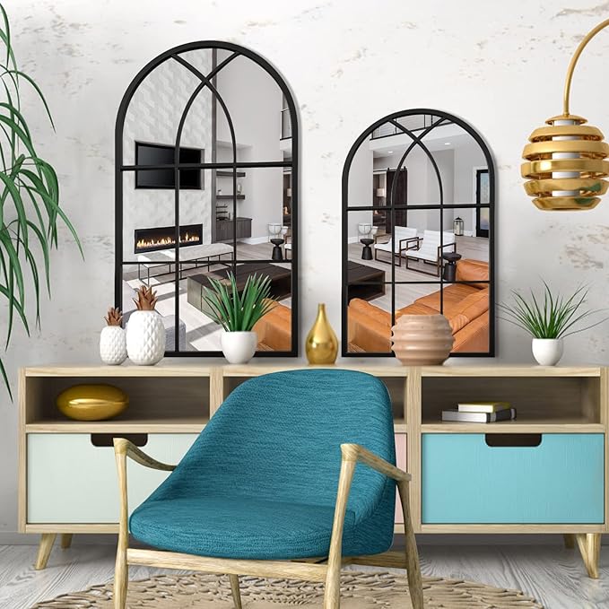 ironsmithn Arched Window Mirror, 31.5"x19.7" Grid Mirrors, Windowpane Mirrors, Black Metal Wall Mirror for Decor Living Room Fireplace Entryway Bedroom Hallway