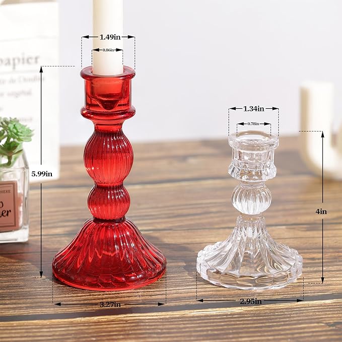 DARJEN 2 Pcs Red Taper Candle Holder - Vertical Stripe Glass Candle Holders for Taper and Votive Candles, Candlestick Holders for Various Activities, Home and Festival Decoration