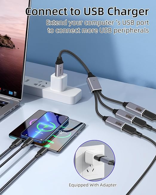 USB C Splitter Cable 3 Port 1 Male to 3 Female,1 in 3 Out USB C Extender Hub Data & Power Charging USB 2.0 Extension Cable for Car,Laptop,Keyboard,Mouse(25CM)