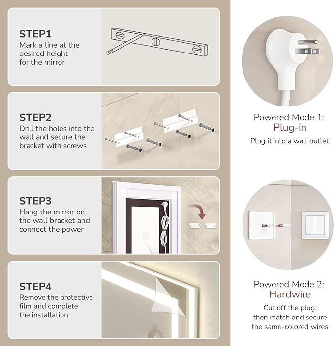 USHOWER LED Bathroom Mirror 20x28 Inch with Lights - Frameless Tempered Glass LED Backlit Lighted Mirror for Bathroom Vanity with Anti-Fog, 3 Colors Dimmable, Memory Function, Wall-Mounted