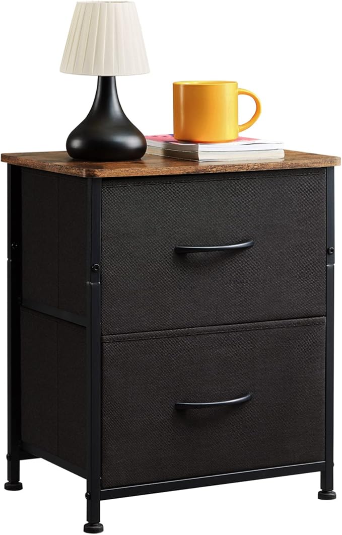 Somdot Nightstand Set of 2, Small Dresser for Bedroom with 2 Drawers,Night Stand Bedside Table End Table with Fabric Bins for Bedroom Kids Closet Dorm Guest Room, Black Rustic Brown