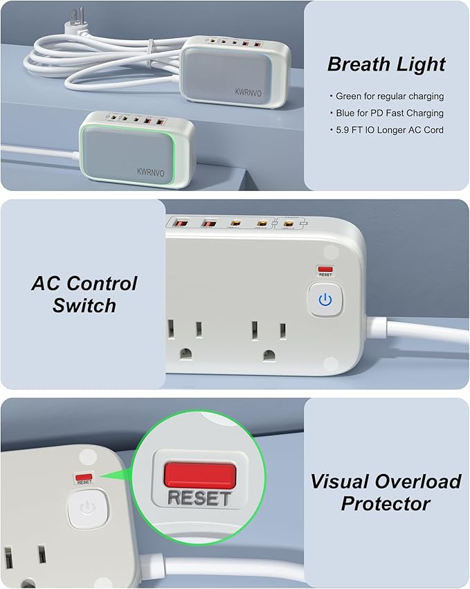 5FT Portable USB C Power Strip Surge Protector PD 20W Flat Wall Plug Charger Multipl Outlets with 2500W AC Outlets, 3 USB-C Ports, 2 USB-A Ports for Home/Office/Travel