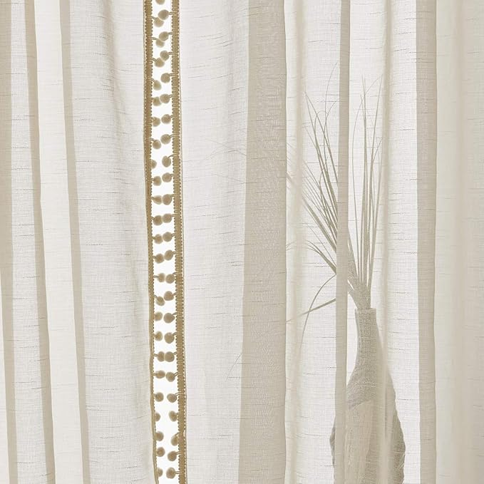 Treatmentex Sheer Linen-Look Curtains 95in Bedroom Decorative Pompom Trimmed Voile for Living Room Slub Textured Natural Window Curtain Panels 2pcs