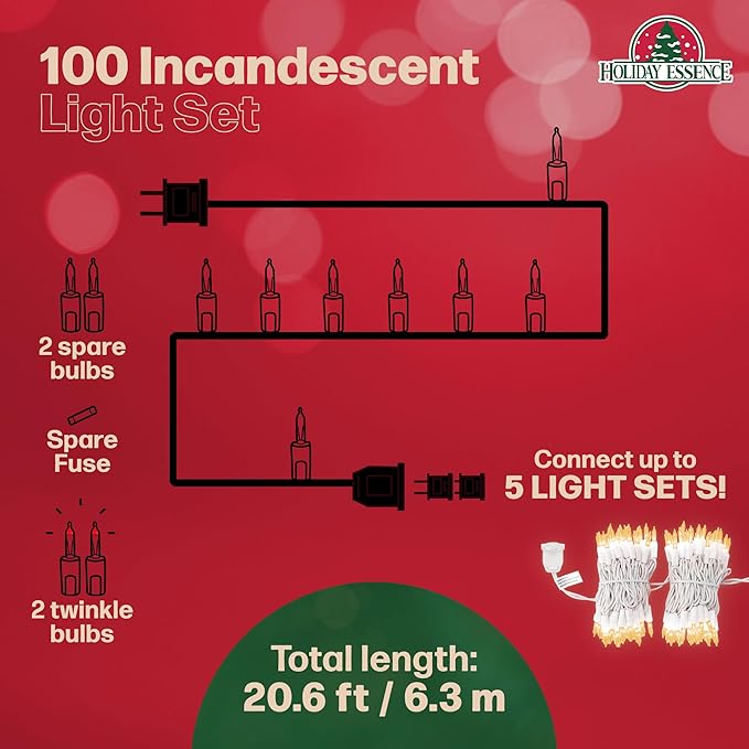 Holiday Essence Clear Warm White Christmas String Lights 20 Ft White Wire 100 Christmas Decorative Lights Set Static and Flashing for Indoor Outdoor Use Tree Decor UL Listed