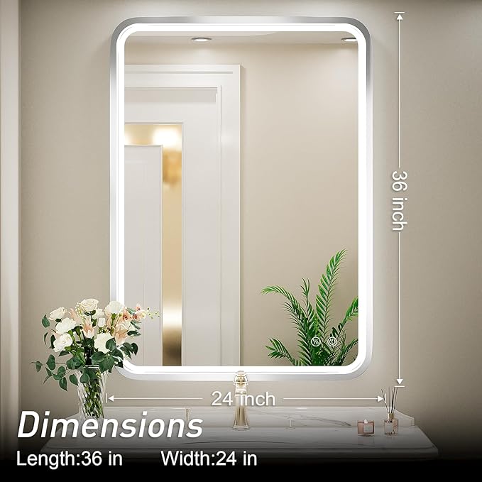 24x36 Inch LED Bathroom Mirror with Lights,Silver Metal Framed Brushed Lighted Vanity Mirror,Antifog Stepless Dimmable,Wall Mounted(Horizontal/Vertical)