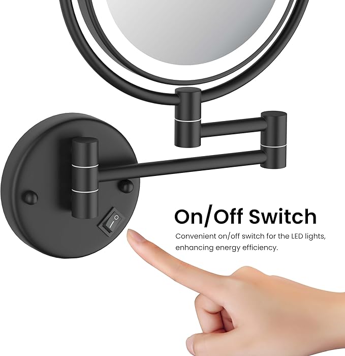 KIBI Circular Wall Mount Makeup Mirror with LED Lights, Dual-Sided 1x/5x Magnifying Mirror with Adjustable Arm, 360° Swivel, Solid Brass Construction for Durability and Style (Matte Black, KMM101)