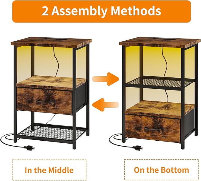 Fixwal Night Stand with Charging Station, LED Nightstand with Fabric Drawers, End Table with PU Finish, Bedside Table, Rustic Brown
