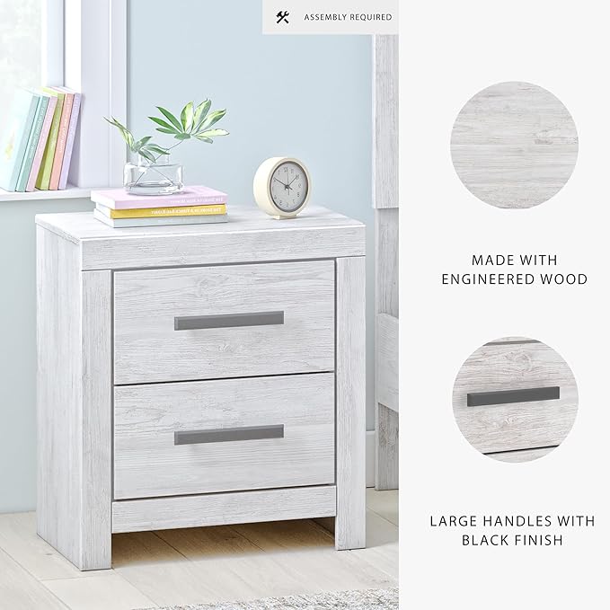 Signature Design by Ashley Cayboni Vintage 2 Drawer Nightstand with Safety Stop for Bedroom, 24.37" Tall, White