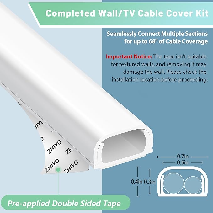 ZhiYo Wire Covers for 2 Cords, Wire Hider on Wall Mounted, White Cord Cover Kit, Cable Cover Cable Concealer for Extension Cord, Ethernet Cable, Speaker Wire, 0.7in(W) x 0.4in(H)