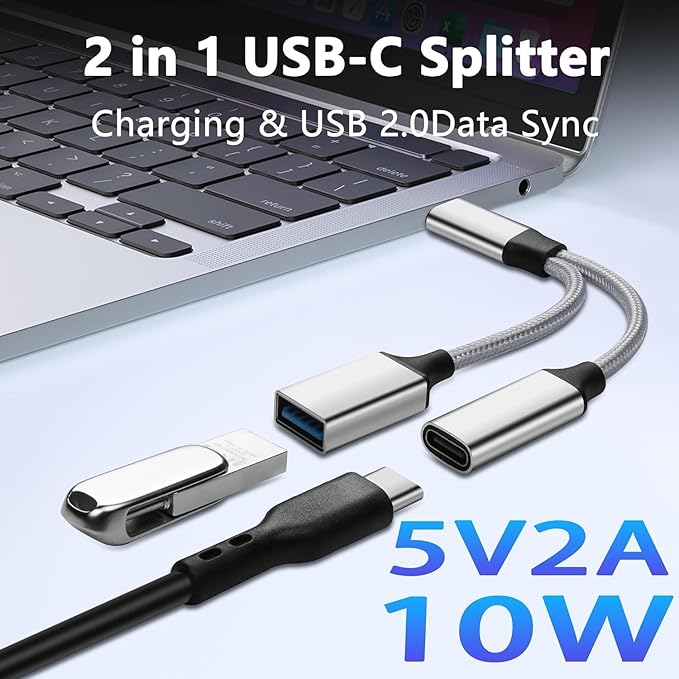 GELRHONR USB C OTG Charging Adapter, 2 in 1 USB-C Splitter, Short Type C Charging Cable with USB Female and C Female, for Most Type-C Phones, Laptops,Tablet,USB Fan,Printer (Silvery)
