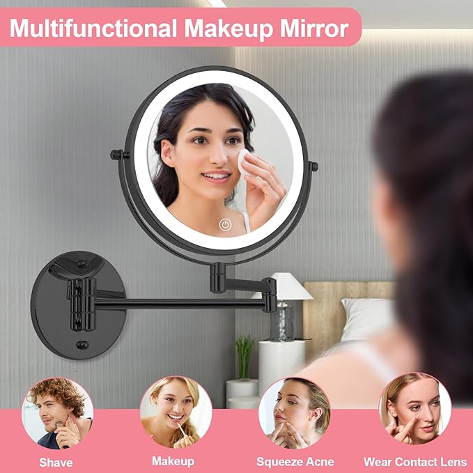 Rechargeable Wall Mounted Lighted Makeup Mirror, 8" Double-Sided Magnifying Vanity Mirror 1X/10X, 3 Color Touch Screen Dimmable Shaving Mirror, 360° Rotation Foldable Bathroom Mirror, Black