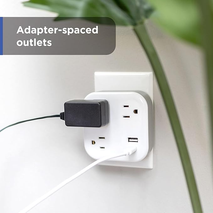 GE UltraPro 3-Outlet Surge Protector Wall Tap, 980J, USB-C & USB-A Ports, Adapter-Spaced Outlets, Circuit Breaker, ETL Certified, Low-Profile Design, White, 85875