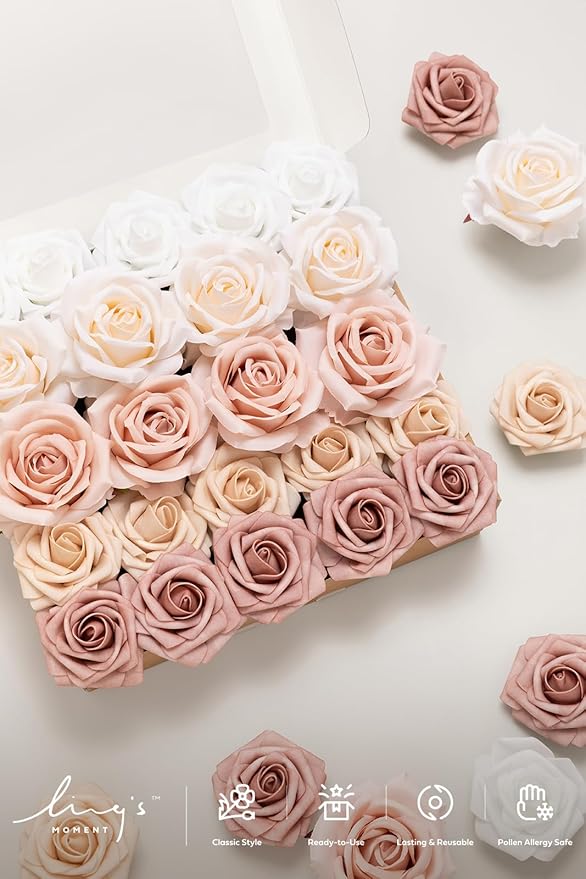 Ling's Moment Artificial Flowers Fake Silk Roses Faux Foam Flower Combo for DIY Wedding Bouquets Centerpieces Arrangements Bridal Shower Party Home Decorations, Dusty Rose & Cream, 23pcs