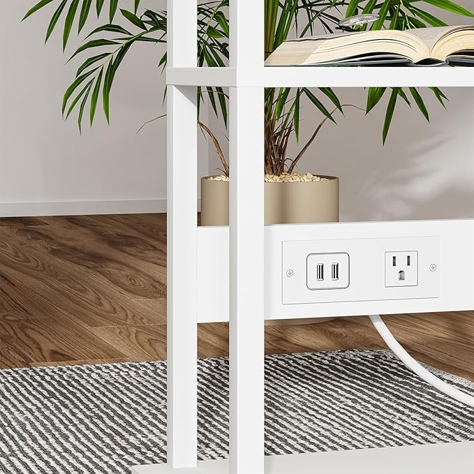 VIMBER Narrow Side Table with Charging Station, 2 Set Skinny End Table for Small Spaces, Sofa Beside Tables with Storage Shelf, Slim Nightstand with USB Ports Outlet, Couch Table White UTBT003W2