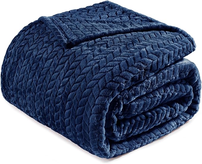 Exclusivo Mezcla Fleece Queen Size Blanket for Bed, 90x90 Inches Soft Cozy Jacquard Flannel Blankets, Lightweight Fuzzy Plush Warm for Winter, Navy Blue