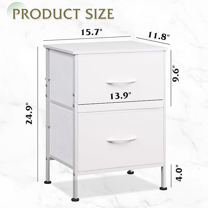 WLIVE White Nightstand, Night Stand with 2 Drawers, Small Dresser for Bedroom, Bedside Furniture, College Dorm, End Table with Fabric Bins, Dormitory, Size L