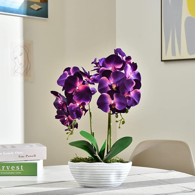 Large Artificial Potted Orchid Plant, Silk Flower Arrangement with Ceramics Vase, Dark Purple