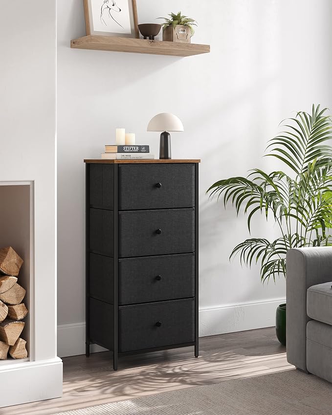 SONGMICS Dresser for Bedroom, Fabric Dresser with 4 Drawers, Metal Frame, Small Chest of Drawers, Black and Rustic Brown ULTS314B01