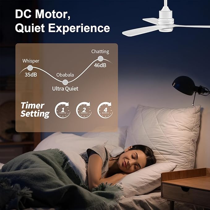 Obabala 52inch White Ceiling Fan with Lights Modern Ceiling Fan with Remote Control Reversible DC Noiseless Motor 6 Speed, Timer for Indoor Outdoor Patios