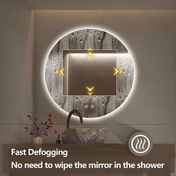 Niccy Round Led Mirror for Bathroom, 36" Circle Frameless Backlit Mirror wiht Light, Anti-Fog, 3 Colors, Waterproof, Memory Function