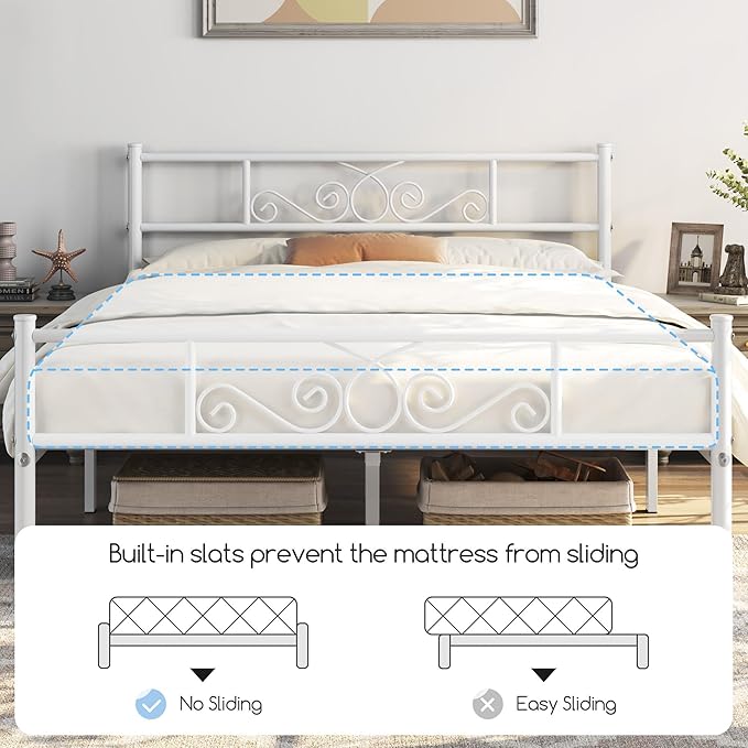 Yaheetech Full Bed Frames Metal Platform Bed with Headboard&Footboard for Bedrooms/No Box Spring Needed/Easy Assembly/Underbed Space: 12.6"/White Full Bed